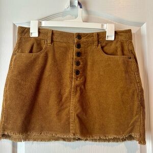 Indigo Rein Camel Brown Tan Corduroy Button Front Mini Skirt 7 / 27 Frayed Hem M